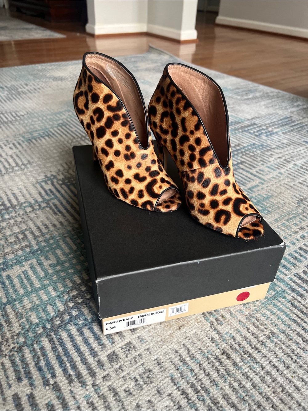 Halogen Leopard Haircalf Peep Toe Stiletto Booties Heels 6.5M